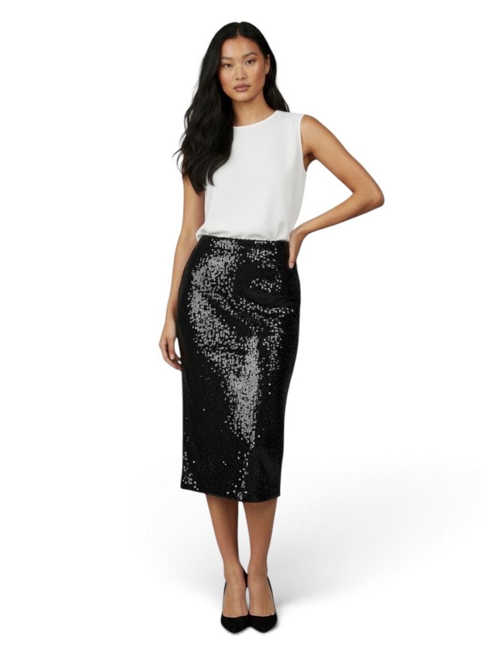 Diane Von Furstenberg Black Sequin Shimmery Midi Pencil Skirt, 8